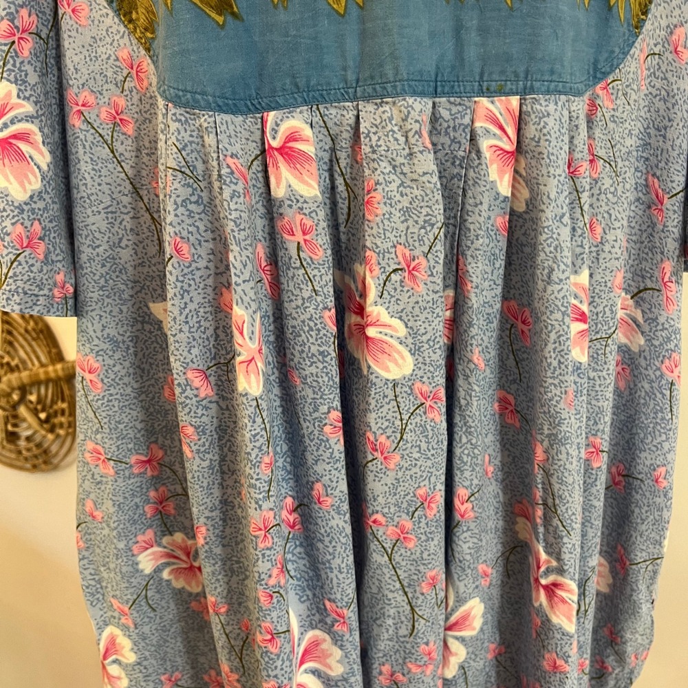 Vintage Hawaiian Floral Muumuu Maxi Dress Blue Pink Hibiscus House Dress XL - Picture 10 of 10